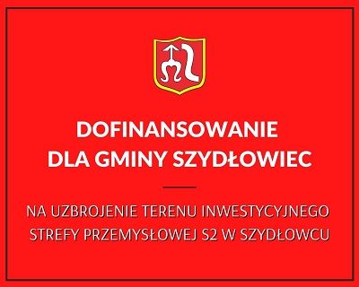 Grafika z herbem Gminy Szydłowiec i informacją o dofinansowaniu.