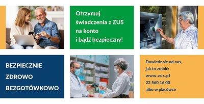 Bezpiecznie, zdrowo, bezgotówkowo - plakat promujący wypłaty na konto bankowe