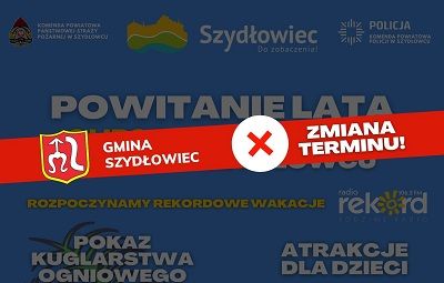 Grafika przedstawia plakat zapraszający na imprezę "Powitanie lata", a także napis, że zostanie ona przełożona z powodu warunków atmosferycznych.
