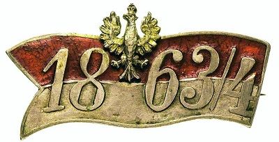 Orzeł w koronie na tle flagi Polski z datą 1863/4