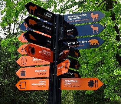 Zdjęcie przedstawiające drogowskazy wskazujące strefy pobytu zwierząt we wrocławskim zoo.