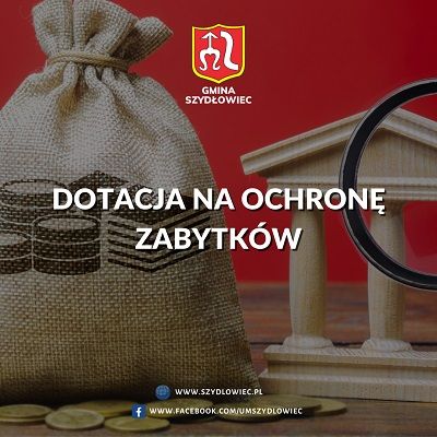 Grafika przedstawia lniany worek na czerownym tle, co więcej jest napis "Dotacja na ochronę zabytków".