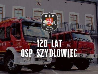 Grafika przedstawia wóz OSP Szydłowiec. Na grafice widnieje napis "120 lat OSP".
