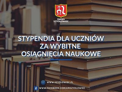Grafika przedstawia kilka książek. Na grafice występuje także napis "Stypendia dla uczniów za wybitne osiągnięcia naukowe".