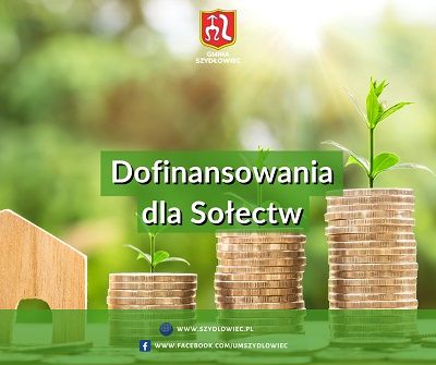 Grafika przedstawia ułożone monety, z których wyrastają roślinki, widnieje również napis "Dofinansowania dla sołectw".