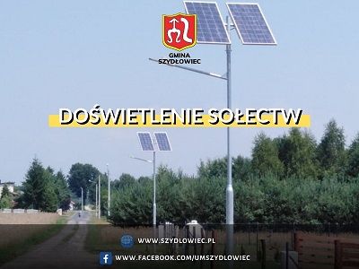 Grafika przedstawiająca zamontowane latarnie solarne w Gmienie Szydłowiec. Na grafice widnieje napis "Doświetlenie sołectw".