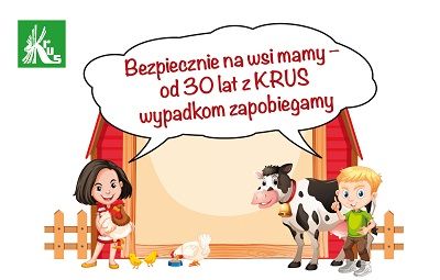 Grafika promująca konkurs Znów dobrze się czuję, gdy o bezpieczeństwie rymuję! Na niej narysowana jest dwójka dzieci w gospodarstwie rolnym.